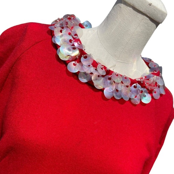 Vintage 60s Wool Red Mini Dress Embellished Disc Long Sleeve Mod GoGo Twiggy - Picture 2 of 12